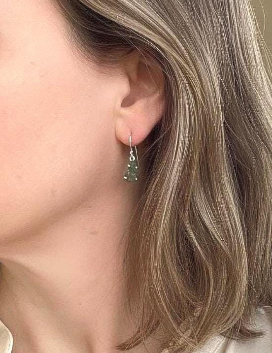 Natural Uncut Moldavite Sterling Silver Dangle Earrings