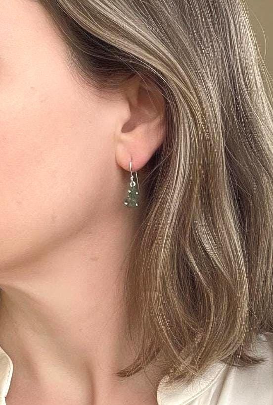 Natural Uncut Moldavite Sterling Silver Dangle Earrings