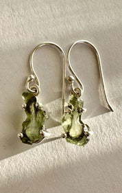 Natural Uncut Moldavite Sterling Silver Dangle Earrings