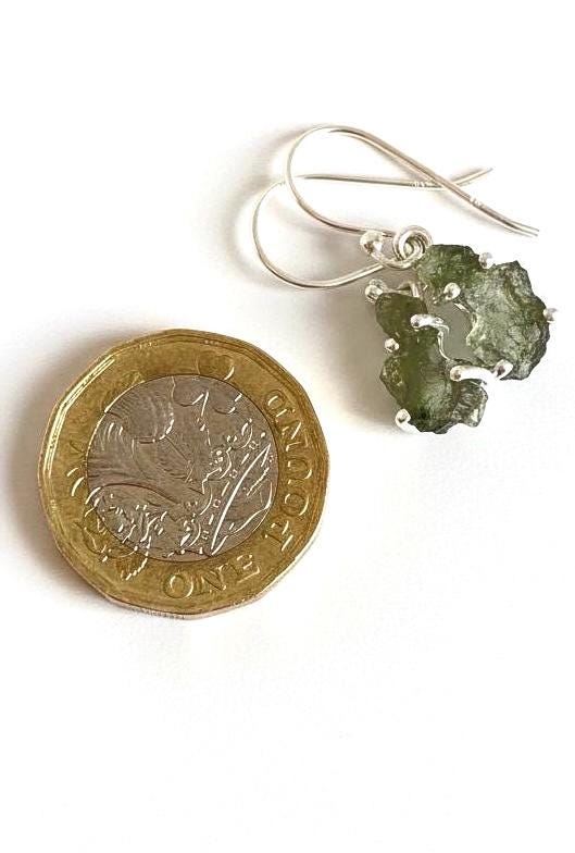 Natural Uncut Moldavite Sterling Silver Dangle Earrings