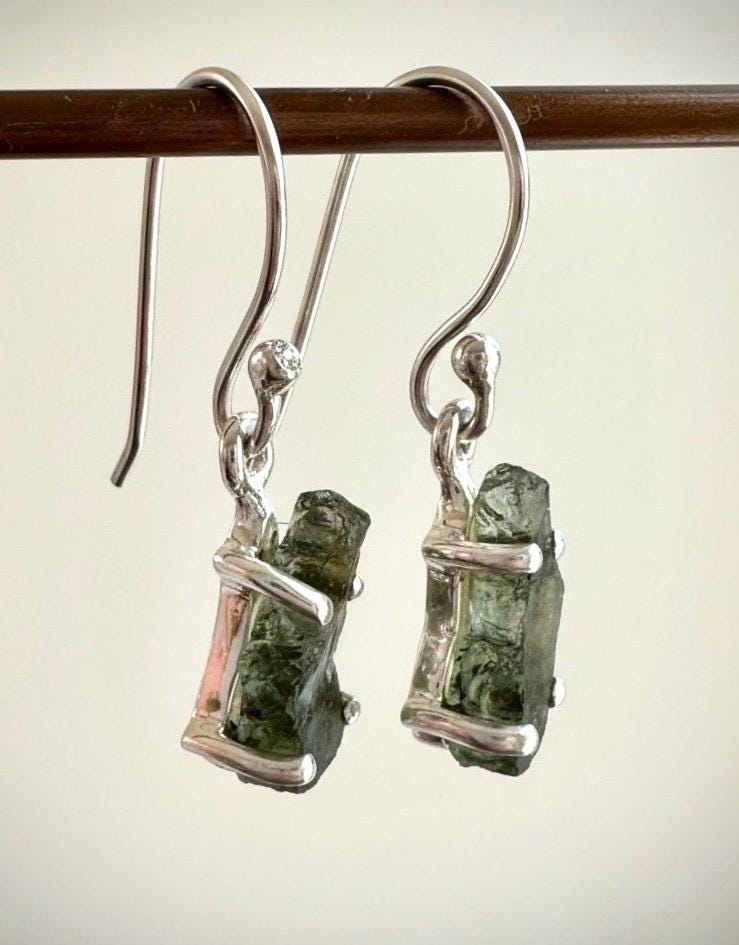 Natural Uncut Moldavite Sterling Silver Dangle Earrings