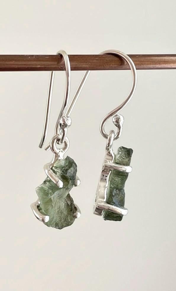Natural Uncut Moldavite Sterling Silver Dangle Earrings