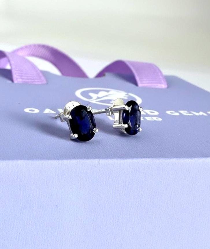 Natural Iolite Stud Earrings in 925 Sterling Silver, Oval Blue Violet Gemstone Gift