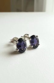 Natural Iolite Stud Earrings in 925 Sterling Silver, Oval Blue Violet Gemstone Gift