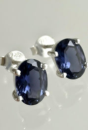 Natural Iolite Stud Earrings in 925 Sterling Silver, Oval Blue Violet Gemstone Gift