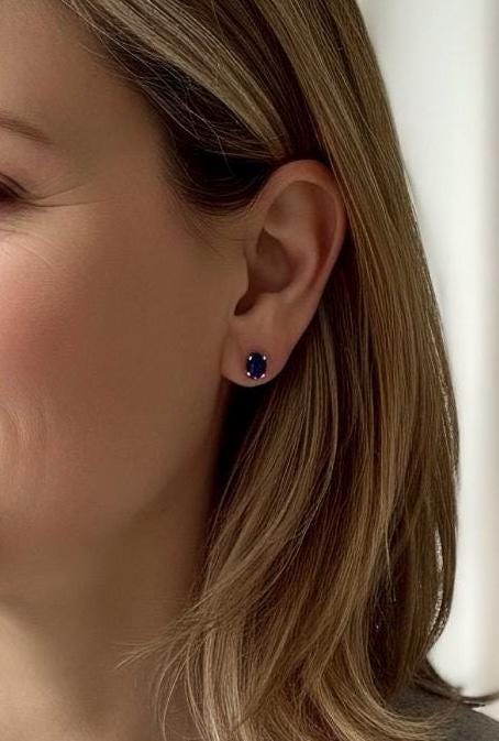 Natural Iolite Stud Earrings in 925 Sterling Silver, Oval Blue Violet Gemstone Gift