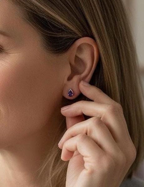 Natural Iolite Teardrop Stud Earrings, 925 Sterling Silver Blue Violet Gemstone