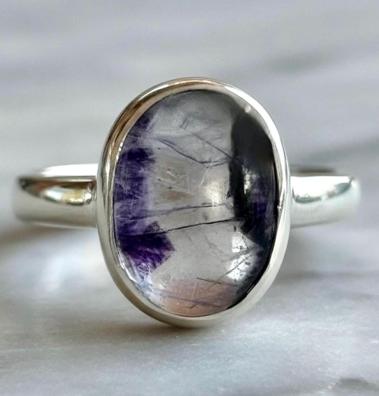 Blue John oval cabochon ring sterling silver Derbyshire Spar bezel set handmade UK