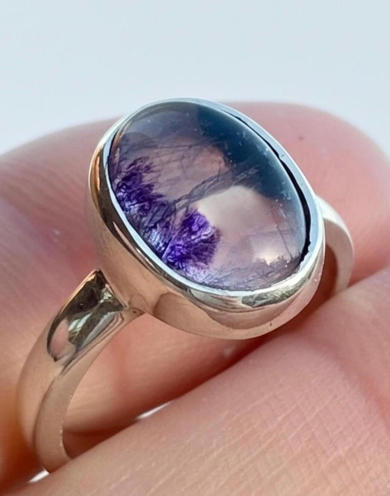 Rare Blue John Ring in Sterling Silver, Oval Derbyshire Spar Statement Gemstone Ring