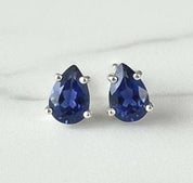 Natural Iolite Teardrop Stud Earrings, 925 Sterling Silver Blue Violet Gemstone