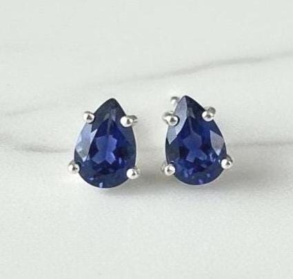 Natural Iolite Teardrop Stud Earrings, 925 Sterling Silver Blue Violet Gemstone