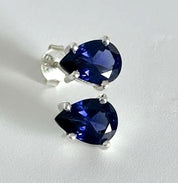 Natural Iolite Teardrop Stud Earrings, 925 Sterling Silver Blue Violet Gemstone