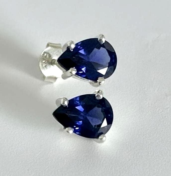 Natural Iolite Teardrop Stud Earrings, 925 Sterling Silver Blue Violet Gemstone