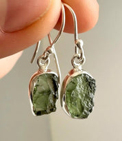 Natural Moldavite Dangle Earrings, Uncut 12mm x 8mm Sterling Silver, Handmade UK