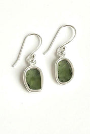 Natural Moldavite Dangle Earrings, Uncut 12mm x 8mm Sterling Silver, Handmade UK