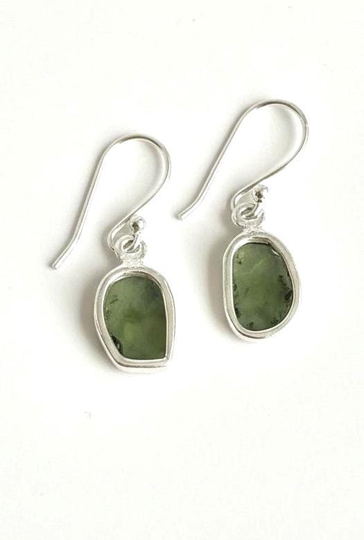 Natural Moldavite Dangle Earrings, Uncut 12mm x 8mm Sterling Silver, Handmade UK
