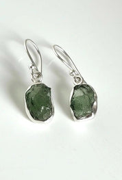 Natural Moldavite Dangle Earrings, Uncut 12mm x 8mm Sterling Silver, Handmade UK