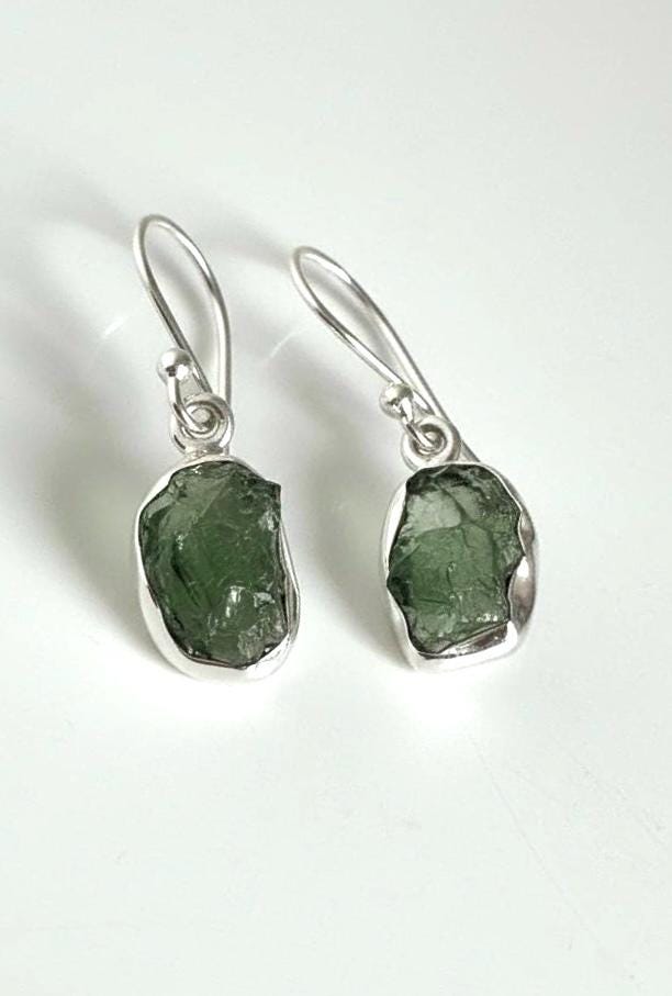 Natural Moldavite Dangle Earrings, Uncut 12mm x 8mm Sterling Silver, Handmade UK