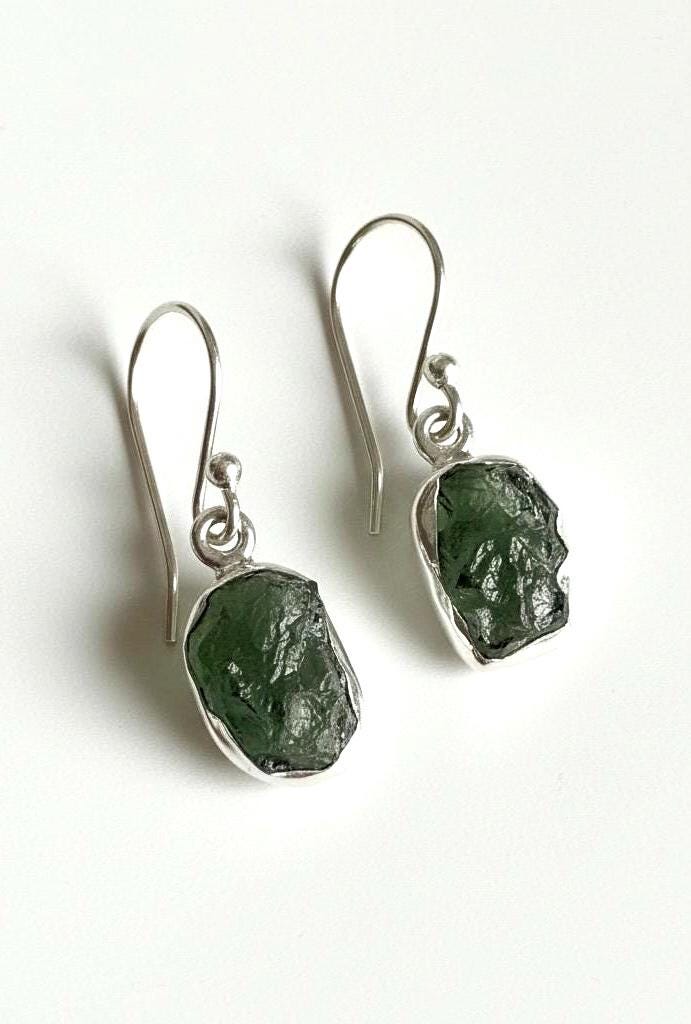 Natural Moldavite Dangle Earrings, Uncut 12mm x 8mm Sterling Silver, Handmade UK