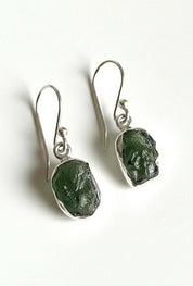 Natural Moldavite Dangle Earrings, Uncut 12mm x 8mm Sterling Silver, Handmade UK