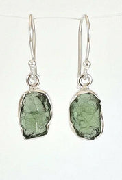 Natural Moldavite Dangle Earrings, Uncut 12mm x 8mm Sterling Silver, Handmade UK