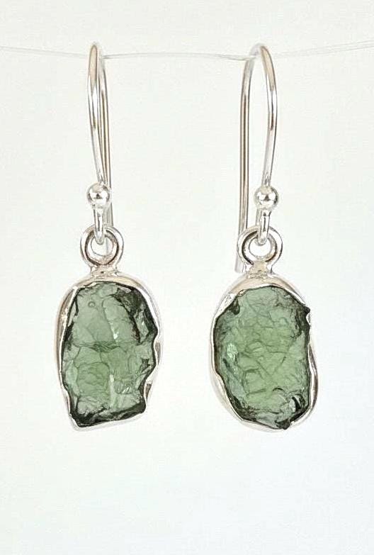 Natural Moldavite Dangle Earrings, Uncut 12mm x 8mm Sterling Silver, Handmade UK