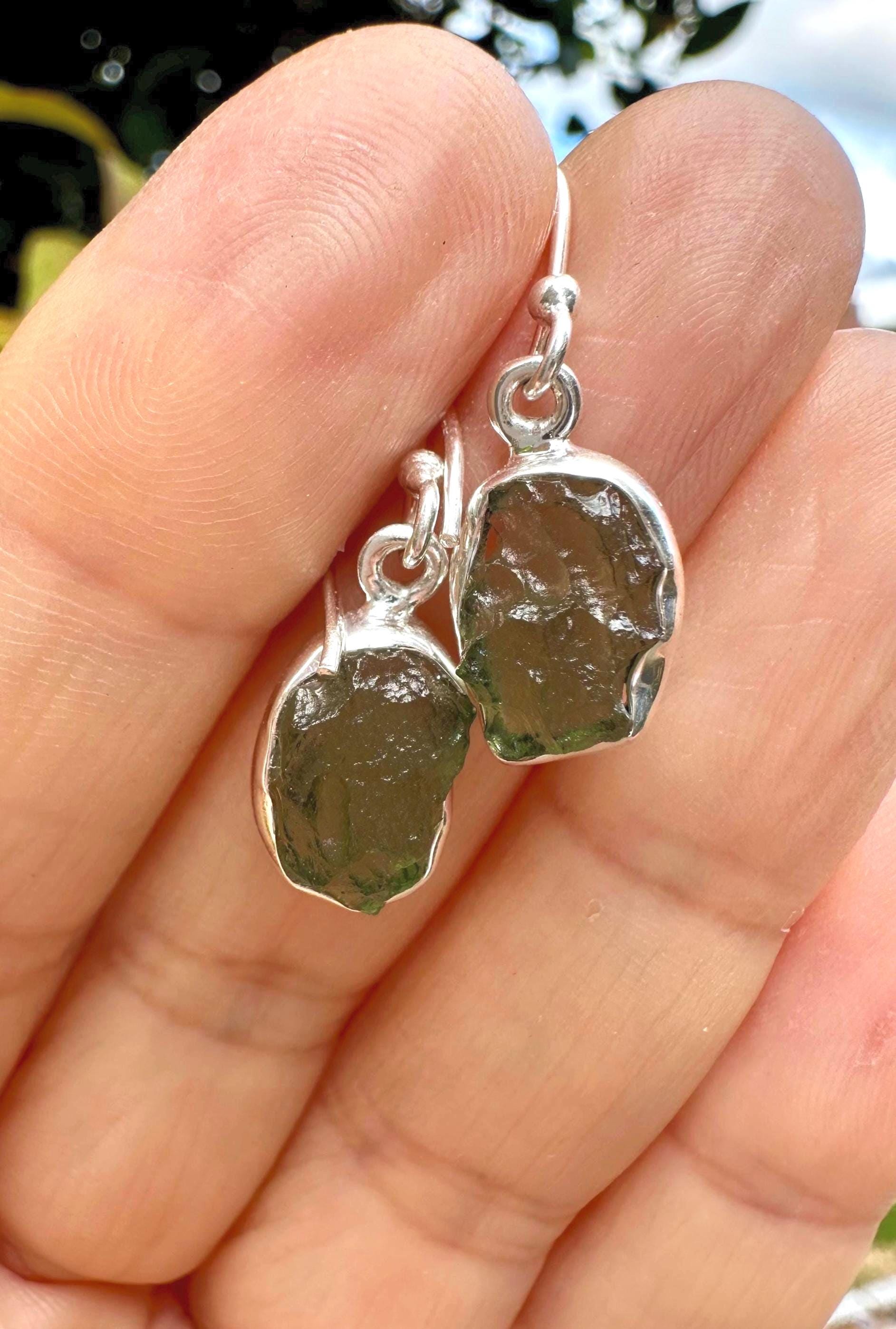 Natural Moldavite Dangle Earrings, Uncut 12mm x 8mm Sterling Silver, Handmade UK