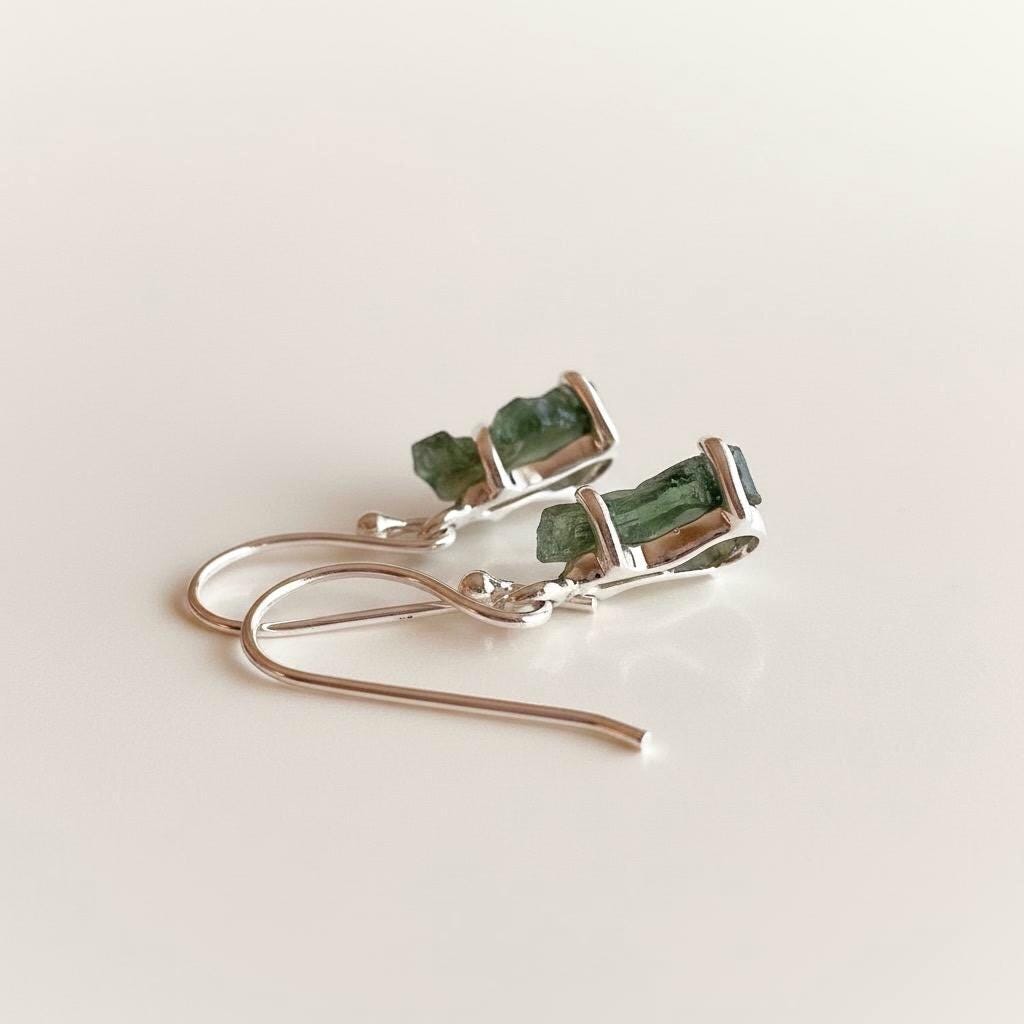 Natural Uncut Moldavite Sterling Silver Dangle Earrings