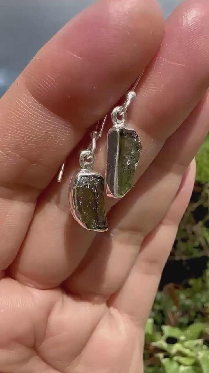 Natural Moldavite Dangle Earrings, Sterling Silver Uncut 14mm x 7mm, Handmade UK
