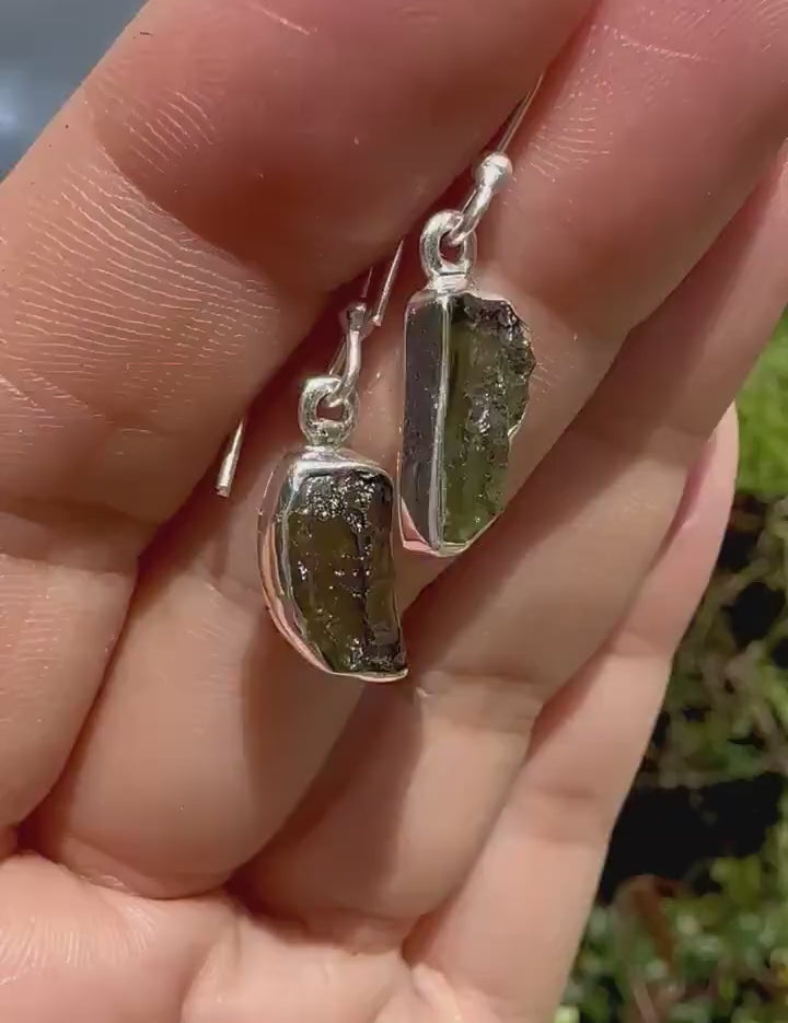 Natural Moldavite Dangle Earrings, Sterling Silver Uncut 14mm x 7mm, Handmade UK