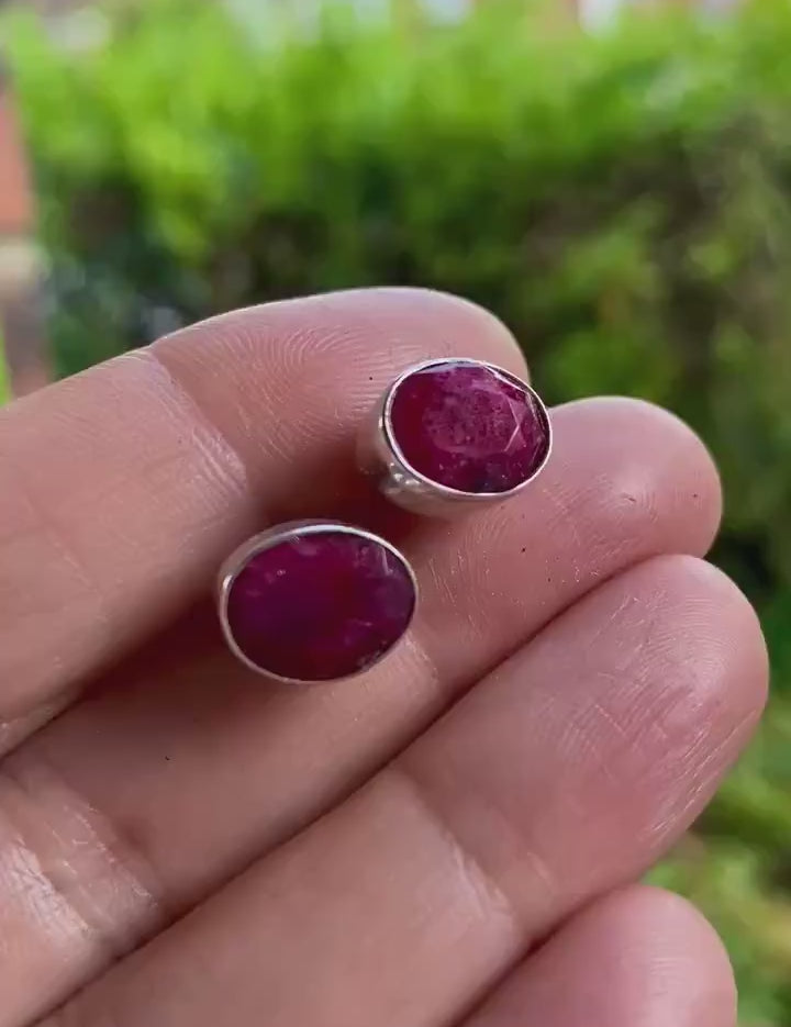 Oval Raw Ruby Sterling Silver Stud Earrings