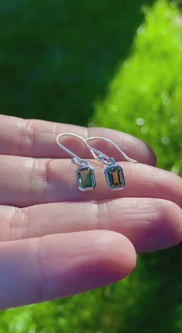 Genuine Moldavite Dangle Earrings, Sterling Silver Emerald - Cut 7mm x 5mm, Handmade UK gift