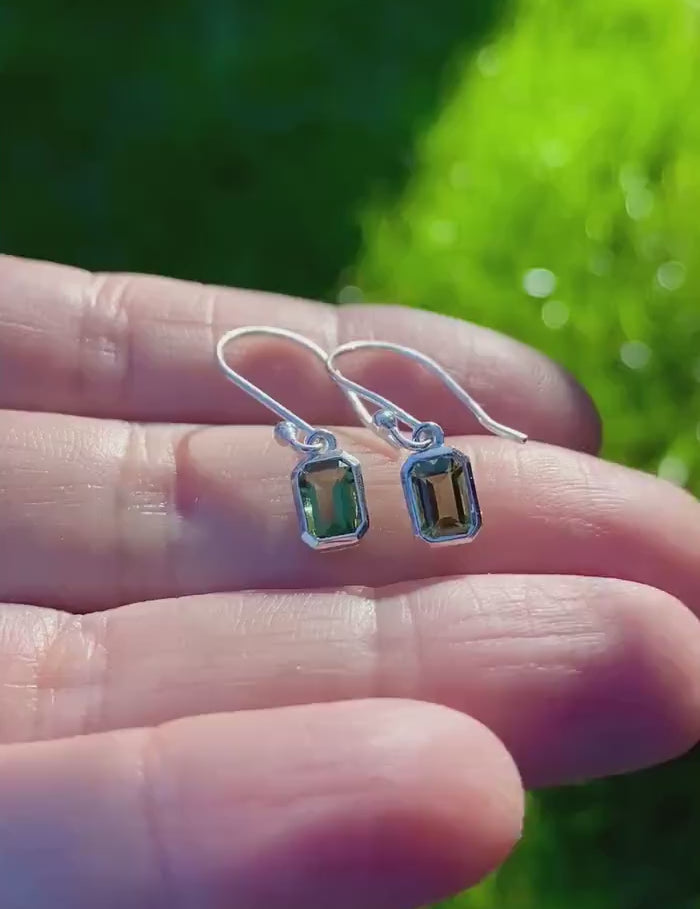Genuine Moldavite Dangle Earrings, Sterling Silver Emerald - Cut 7mm x 5mm, Handmade UK gift