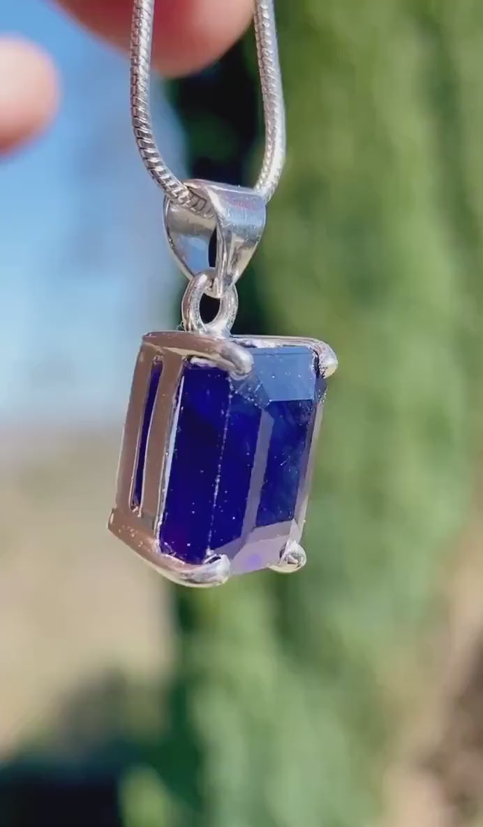 Genuine Raw Sapphire Pendant, Emerald Cut 12mmx8mm, Sterling Silver Necklace, September Birthstone