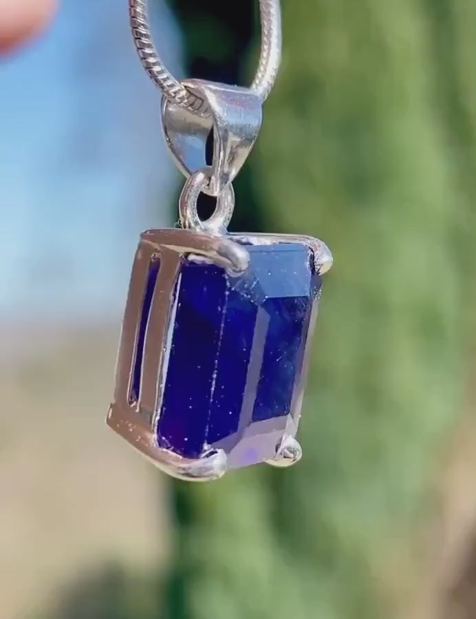Genuine Raw Sapphire Pendant, Emerald Cut 12mmx8mm, Sterling Silver Necklace, September Birthstone