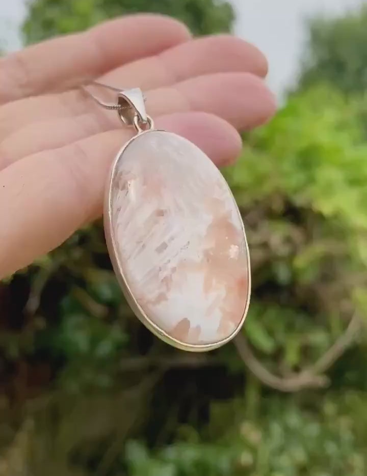 Peach Scolecite, Oval 43x26mm, 925 Sterling Silver, Handmade UK Gift