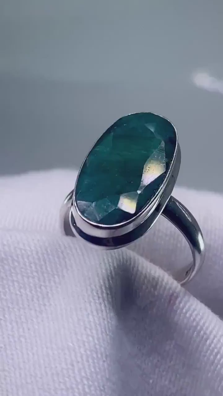 Raw Faceted Emerald and Silver Ring