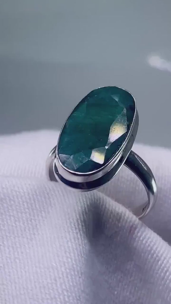 Raw Faceted Emerald and Silver Ring