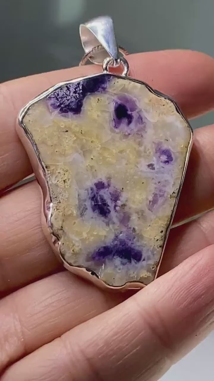 A Rare Violet Flame (Morado) Opal Slice Silver Pendant (UV)