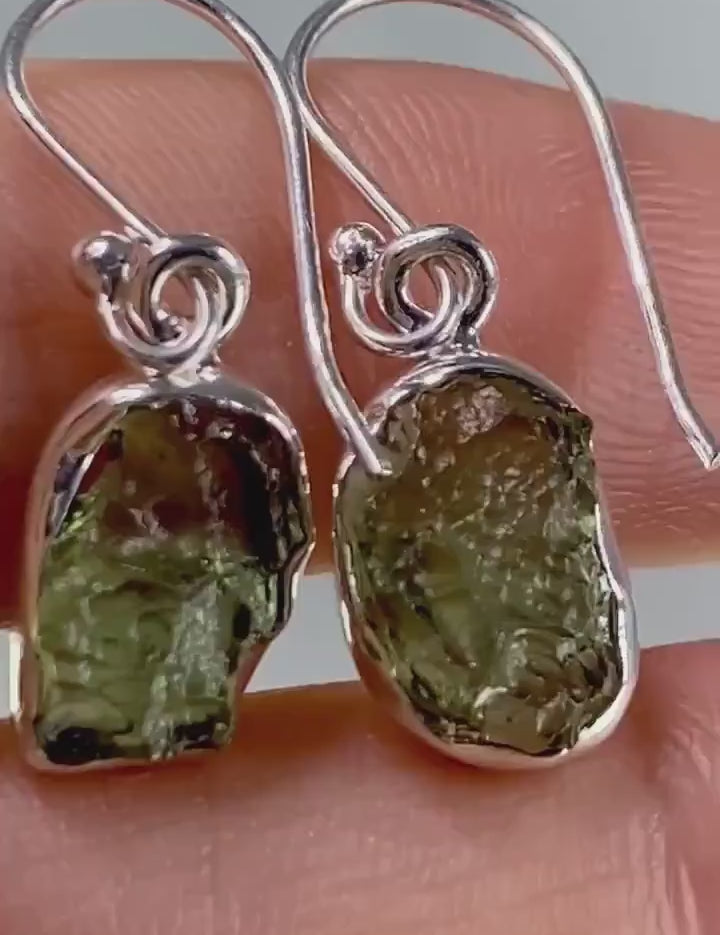 Natural Moldavite and Silver Dangle Earrings (UV11)