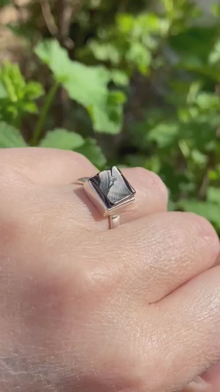 Karelian Shungite Sterling Silver Ring: Princess Cut Stone