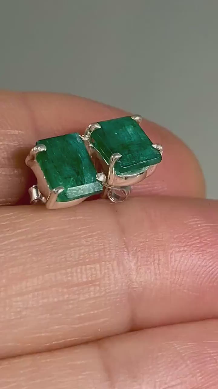 Raw Emerald and Silver Studs