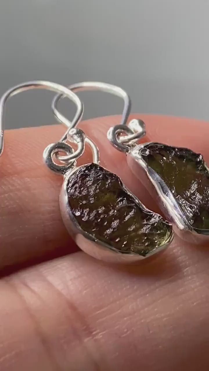 Natural Moldavite and Silver Dangle Earrings (UV8)