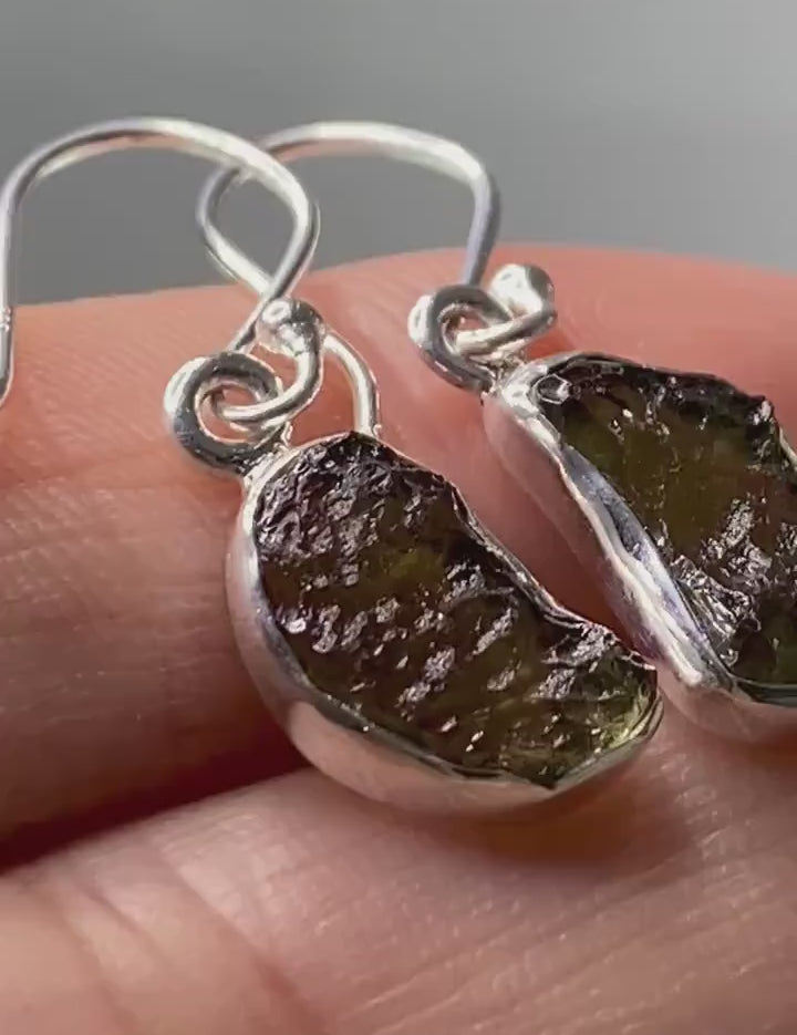 Natural Moldavite and Silver Dangle Earrings (UV8)