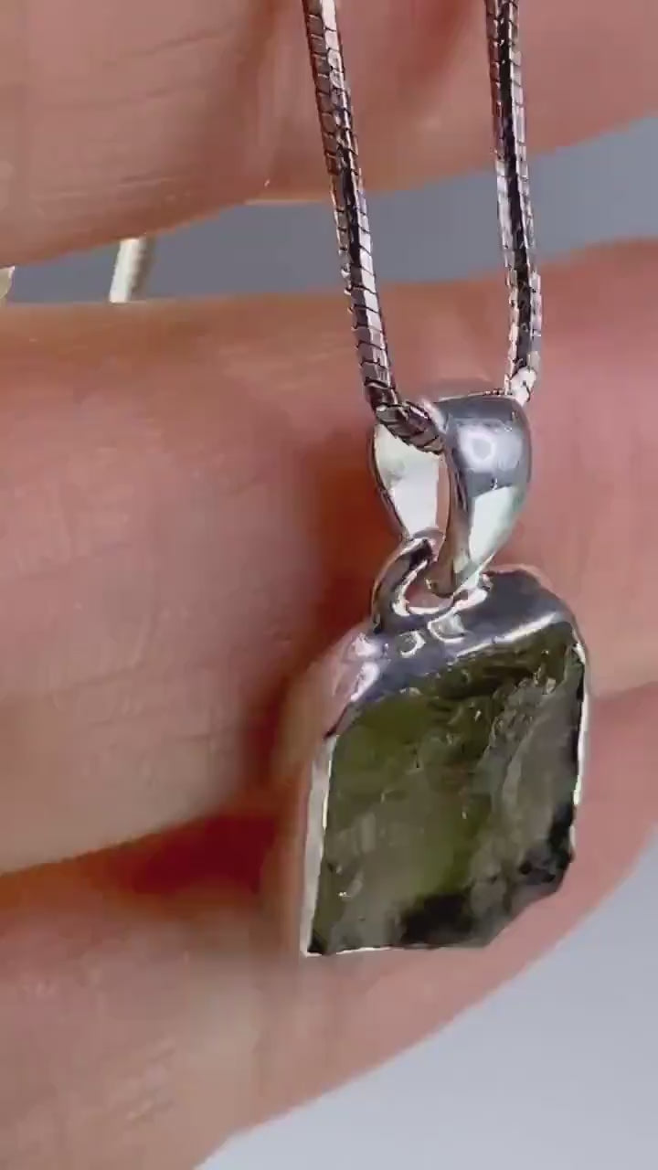 Natural MOLDAVITE and Sterling Silver Pendant