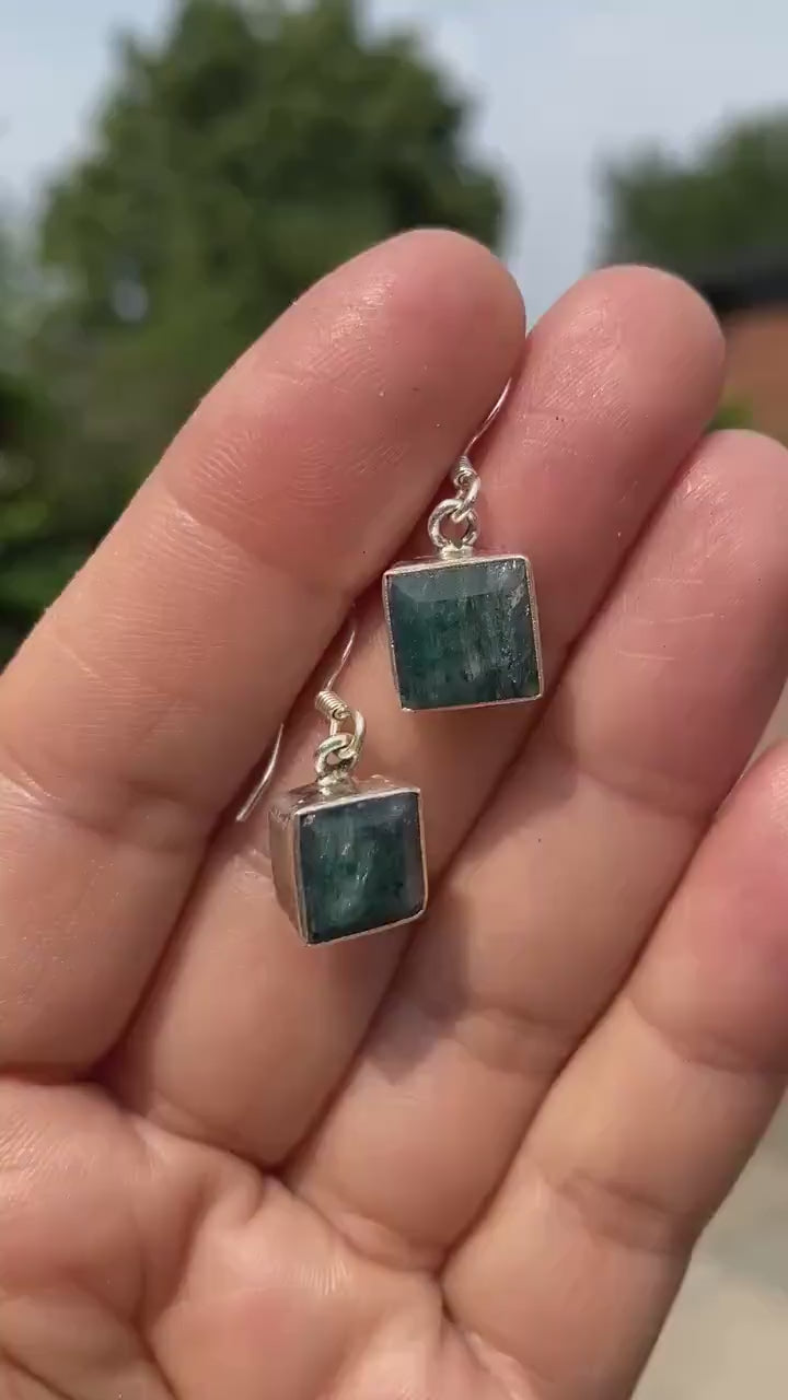 Raw Emerald Dangle Earrings, Princess Cut, Square 9mm x 9mm, Sterling Silver, Handmade UK