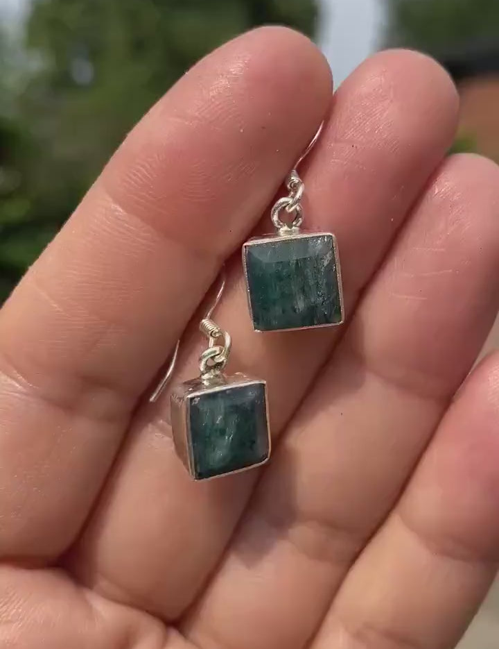 Raw Emerald Dangle Earrings, Princess Cut, Square 9mm x 9mm, Sterling Silver, Handmade UK