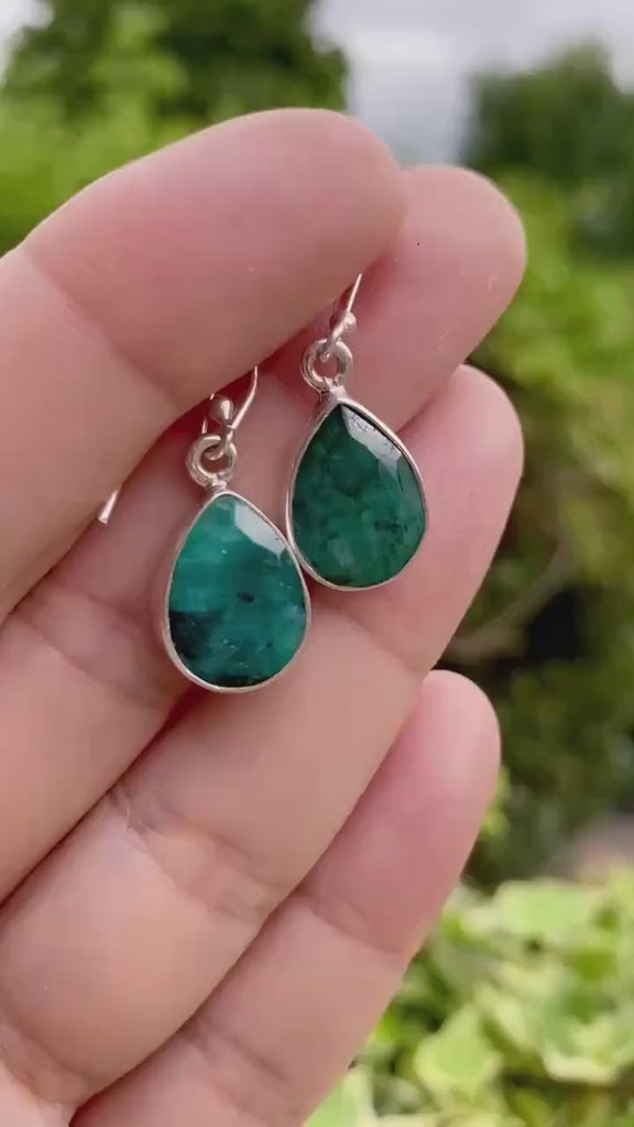 Raw Emerald Dangle Earrings, Teardrop 14mm x 10mm, Sterling Silver, Handmade UK