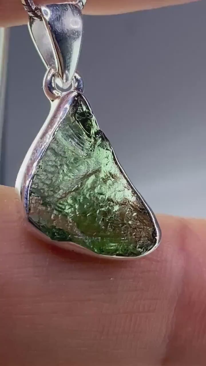 Natural MOLDAVITE and Sterling Silver Pendant