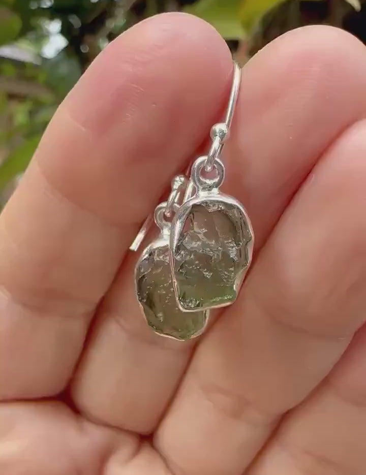 Natural Moldavite Dangle Earrings, Uncut 12mm x 8mm Sterling Silver, Handmade UK